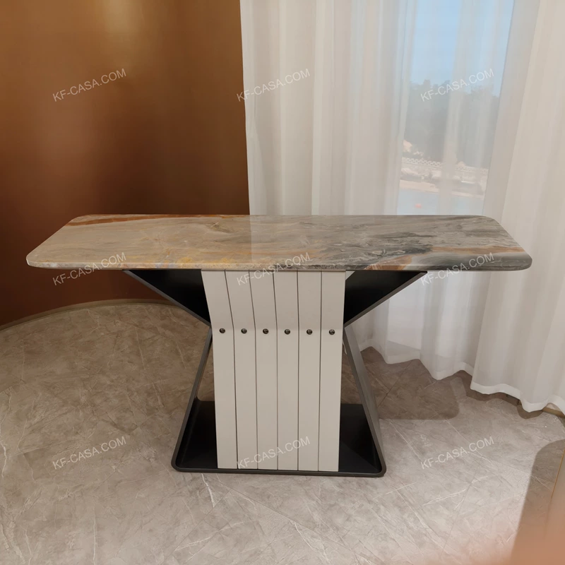 Warm Grey Stone Console Table with Gray Wood Sides and Cream Vertical Accents